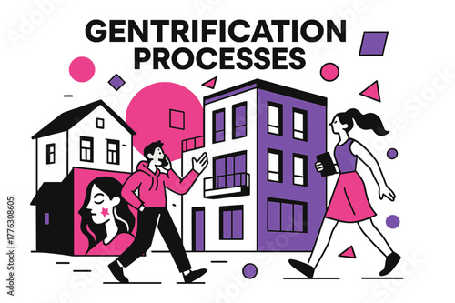 Urban Revitalization Art. Gentrification Processes. Streets with street art and modern facades alongside older buildings, floating abstract geometric shapes,