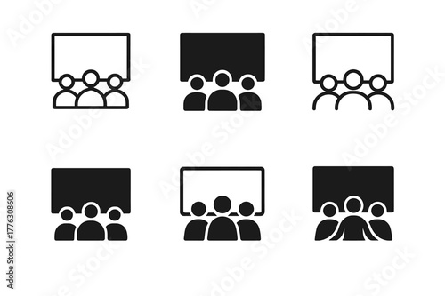 Corporate Event Logos. Corporate event and conference organizing. Set Logo of corporate event and conference organizing: audience silhouettes facing stage.