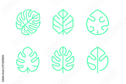 Glowing Plant Logos. Synthetic plants that glow in the dark. Set Logo of Synthetic plants that glow in the dark: UV-reactive monstera leaf. Icon set.