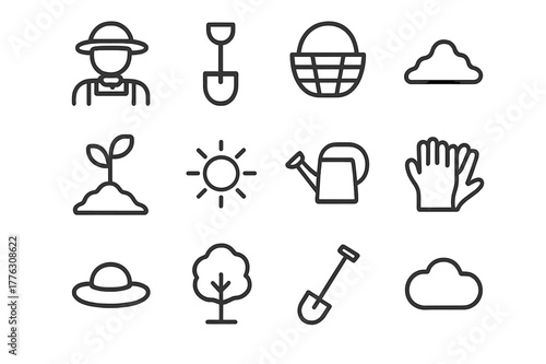 Agriculture Icon Set. Agriculture start. Line outline icon set of agriculture start: farmer, shovel, basket,