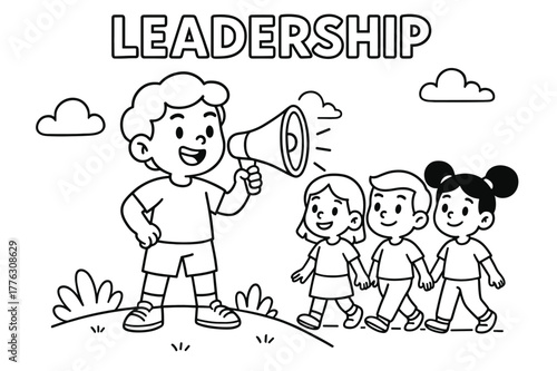 Confident Child Leader. leadership children?s coloring book illustration, outlined drawing, a confident child leading a team with a megaphone, educational
