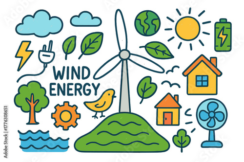 Wind Energy Doodle. Wind Energy. Colorful Hand-drawn doodle Children illustration Wind Energy wind turbine, cloud, hill, tree, lightning bolt, plug, house,