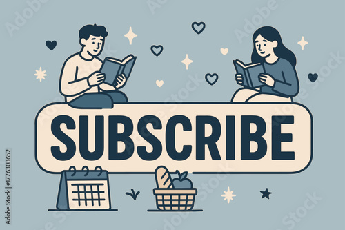 Subscribe Banner Art. SUBSCRIBE banner, flat vector illustration, bold oversized text inside sticker outline, cartoon characters sitting and reading
