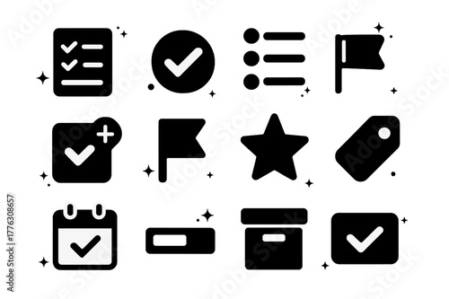 Task Management Icons. To-Do and Tasks. Solid icons set of To-Do and Tasks: checklist, checkbox tick, bullet list, pencil edit, plus task, priority flag, star