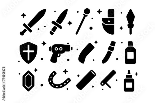 Cosplay Weapon Icons. Cosplay prop weapons. Solid icons set of Cosplay prop weapons: prop sword, foam dagger, staff, spear tip, shield, blaster prop, holster,
