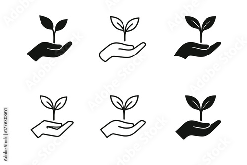 Nature Therapy Emblem. Nature-based therapies for mental health. Set Logo of Nature-based therapies for mental health: hand holding sprouting plant. Icon set.