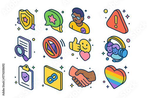 Colorful Community Icons Set. Online community support. Colorful isometric vector icons set of Online community support: community moderator badge, positive