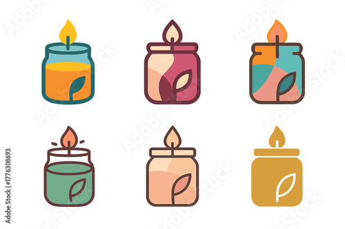 Candle Logo Variations. Candle making with unique scents and colors. Set Logo of Candle making: scented jar candle. Icon set. harmonious logo variations of the