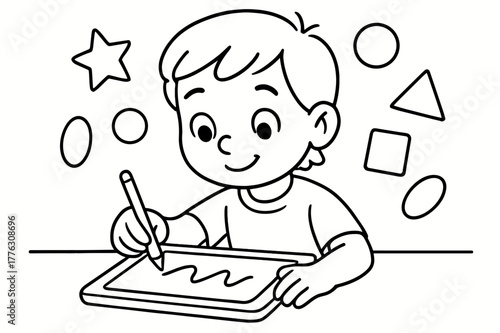 Tablet Drawing Fun. Digital art children?s coloring book illustration, outlined drawing, young artist drawing on a tablet with colorful shapes floating around,
