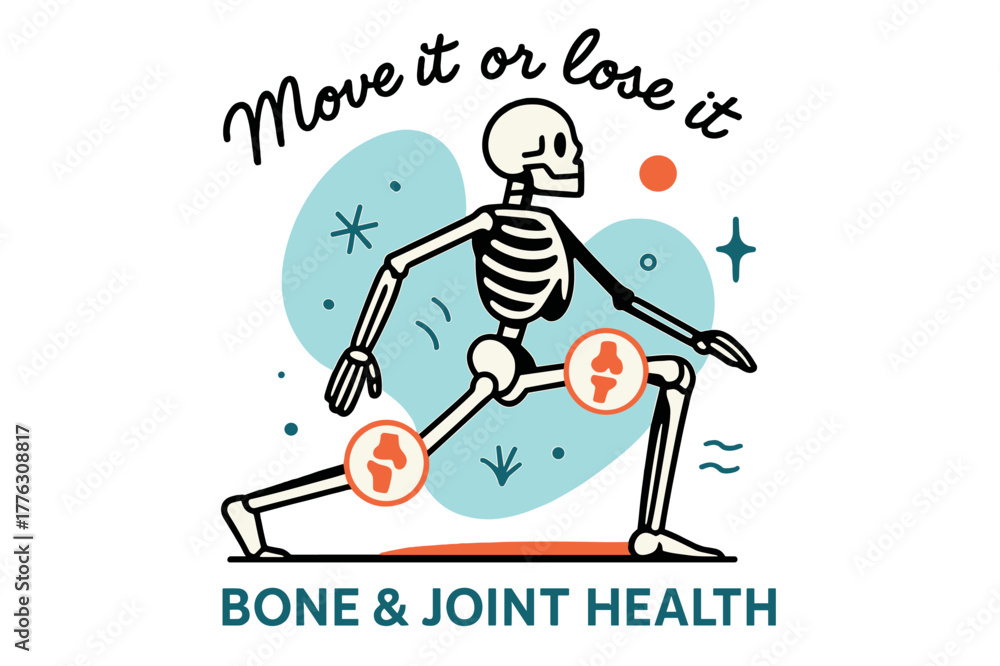 Obraz premium Fluid Motion Skeleton. Bone & Joint Health. A stylized skeleton frame moves gracefully through a lunge; floating icons highlight knees and hips. Text ?Move it