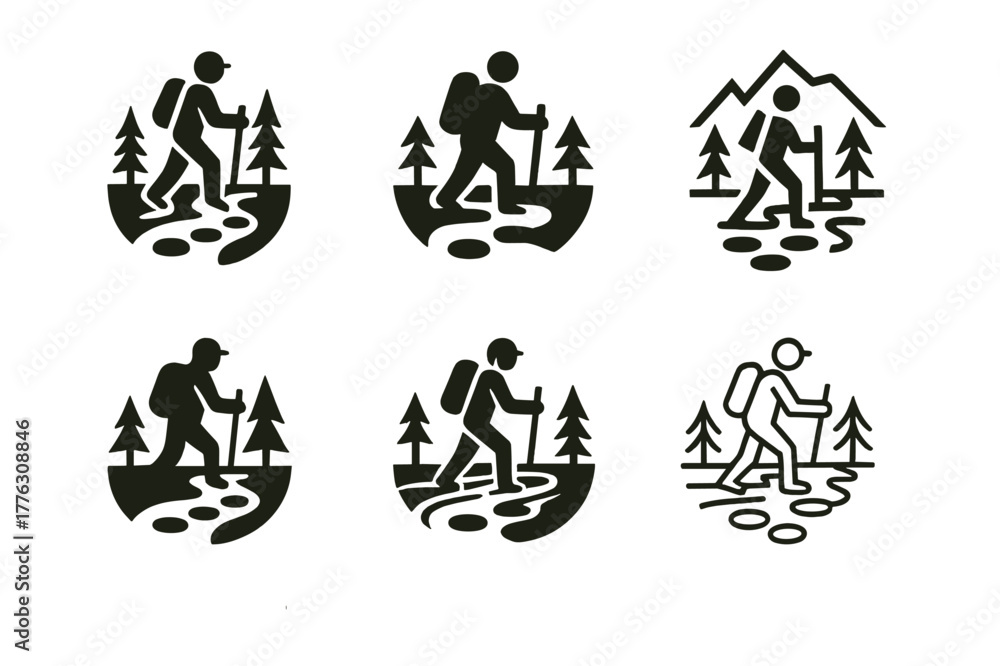 Fototapeta premium Trekking Logo Icons. Trekking in remote and unexplored areas. Set Logo of Trekking in remote and unexplored areas: river crossing with stepping stones. Icon