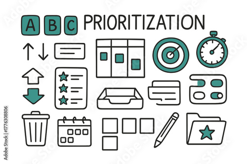Task Prioritization Doodles. // Task prioritization. Hand-drawn doodle illustration Task prioritization [A/B/C labels (accented), kanban board (accented),