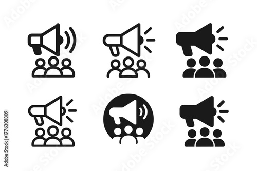 Marketing Logo Variations. Audience in marketing. Set Logo of Audience in marketing: megaphone projecting toward audience figures. Icon set. harmonious logo