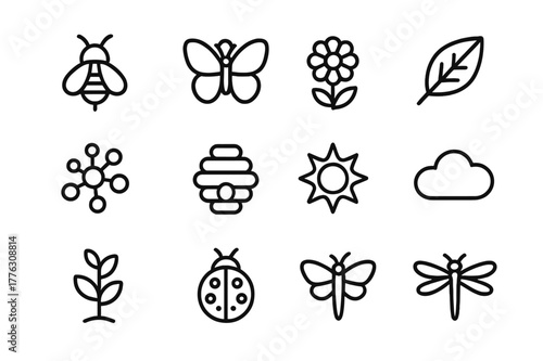 Pollinator Icon Set. Agricultural pollinators. Line outline icon set of agricultural pollinators: bee,