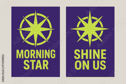 Morning Star Banners. Morning Star. Two vertical A6 banners with safe margins, centered composition, no elements touching edges, geometric, royal purple and