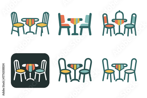 Colorful Garden Logos. Adding colorful outdoor cushions and throws to a garden seating area. Set Logo of bistro set pads: small table with two chairs and seat
