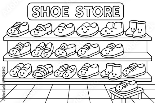 Smiling Shoes Coloring Fun. Shoe store children?s coloring book illustration, outlined drawing, cartoon shop