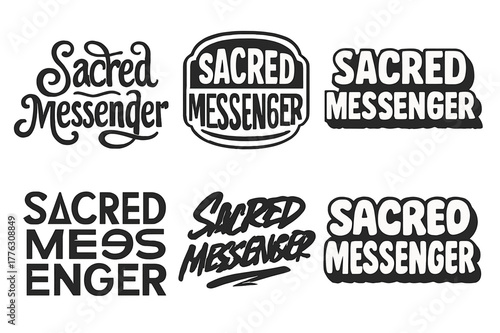 Sacred Messenger Typography. Sacred Messenger. Set lettering. harmonious lettering variations of the same emblematic concept (Whimsical curly type with