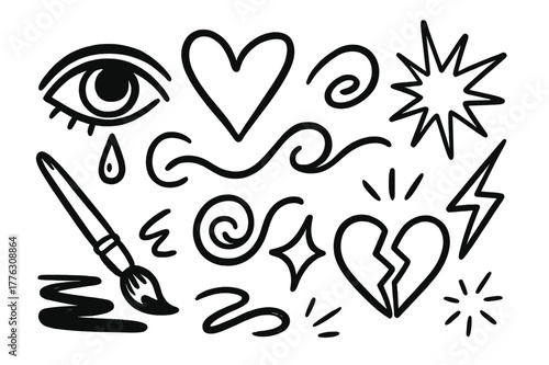 Emotional Doodle Icons. Emotional art. Hand-drawn doodle illustration emotional art eye, tear, heart, swirling line, brush, paint stroke, wave, explosion,