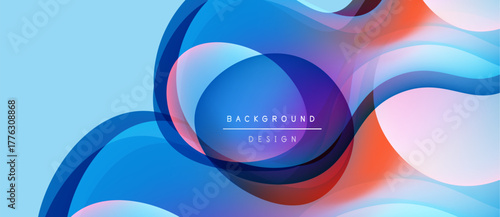 Abstract fluid shapes, vibrant blues, reds, light background. Modern design elements create dynamic visual flow.