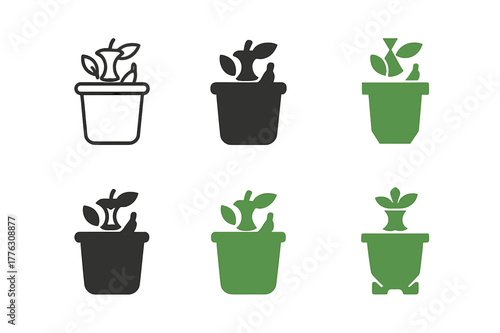 Composting Icon Variations. Composting and waste reduction methods. Set Logo of composting and waste reduction methods: compost bin with organic scraps. Icon