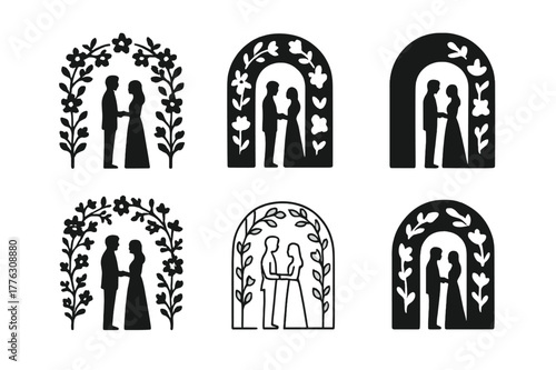 Engagement Party Logos. Celebrating love through engagement parties. Set Logo of Celebrating love through engagement parties: Floral arch walkway. Icon set.