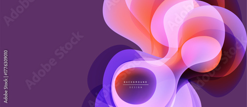 Abstract fluid shapes overlap, creating vibrant color gradients. Purple background complements orange, pink, blue hues. Modern design element.