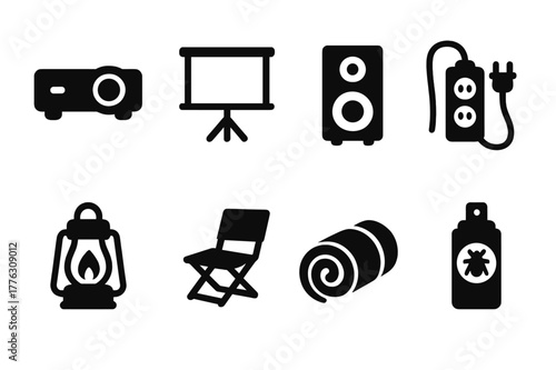 Outdoor Equipment Icons. Outdoor equipment. Filled icon set of outdoor equipment: projector, screen tripod,