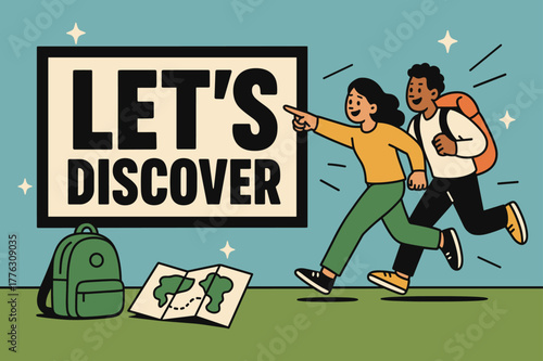 Explore Adventure Banner. Let's discover banner, flat vector illustration, bold oversized text inside rectangular frame, cartoon characters running and