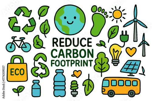 Eco-Friendly Doodle Art. Reduce Carbon Footprint. Colorful Hand-drawn doodle Children illustration Reduce Carbon Footprint earth, footprint, leaf, recycle