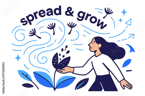Seeds in Flight. Seeds ? Wind Scatter. Light gusts lift seeds from a pod; spiral lines mark flight paths. Text ?spread & grow? arcs through the breeze. Modern