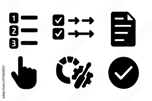 Guidance Icon Set. Step-by-step guidance. Filled icon set of step-by-step guidance: numbered steps, checklist,