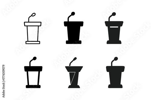 Corporate Event Logos. Corporate event and conference organizing. Set Logo of corporate event and conference organizing: podium with microphone. Icon set.