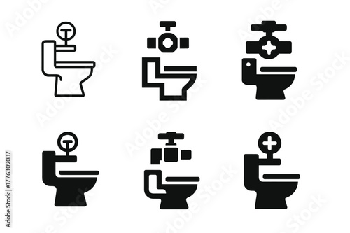 Toilet Installation Icons. Toilet installation guide. Icon set. Set Logo of toilet installation guide: water shut-off valve. harmonious logo variations of the