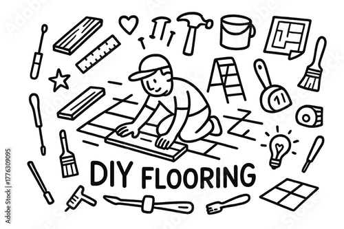 DIY Flooring Doodle. DIY flooring. Hand-drawn doodle illustration of DIY flooring. In the middle, one slightly