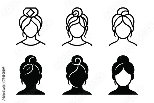 Messy Bun Logo Guide. Hairstyle step-by-step guide poster. Set Logo of hairstyle step-by-step guide poster: messy bun tutorial frames. Icon set. harmonious