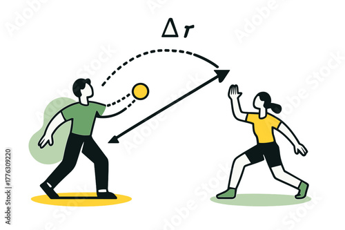 Dynamic Trajectory Arc. Projectile Motion Path. A ball arcs across air while a single vector shows direct displacement between start and landing. ??r? hovers