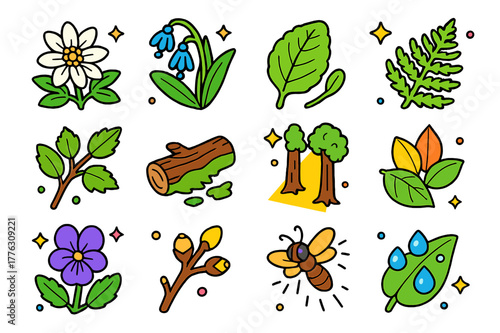 Forest Blossom Icons. Forest edge blossoms. Colorful isometric vector icons set of Forest edge blossoms: wood anemone, bluebell cluster, primrose leaf, fern