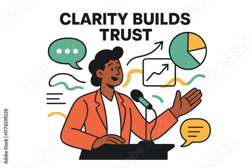 Strategic Communication. Strategic communication. Figure speaking at a microphone, surrounded by floating chat bubbles and data icons; text ?Clarity Builds