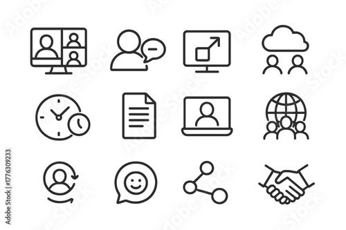 Remote Collaboration Icons. Remote Teamwork. Line icon set of Remote Teamwork: video conference, online chat, shared screen, cloud collaboration, time zone