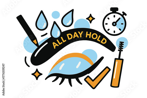 Waterproof Eyebrow Test. Eyebrow pencil and gel ? Waterproof test. Droplet icons bounce off a polished arch; stopwatch and checkmark hover nearby. ?ALL DAY