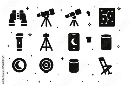 Moon Observation Tools. Moon observation tools. Solid icons set of Moon observation tools: binoculars, telescope, finderscope, star chart, red flashlight,