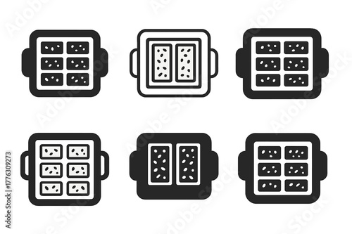 Granola Bar Logos. Baking a batch of granola bars for on-the-go snacks. Set Logo of baking a batch of granola bars for on-the-go snacks: oven tray with baked