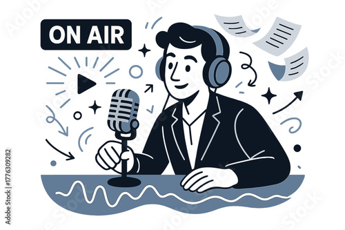 Dynamic Radio Scene. Radio news anchor. A poised host leans into a vintage mic as the ?ON AIR? sign glows; waveform ribbons pulse across the desk. Headphones