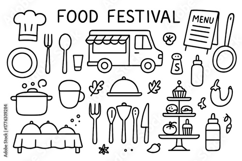 Food Festival Doodle. Food festival. Hand-drawn doodle illustration Food festival, food truck, chef hat, utensils, plates, cups, napkins, menu board, cooking