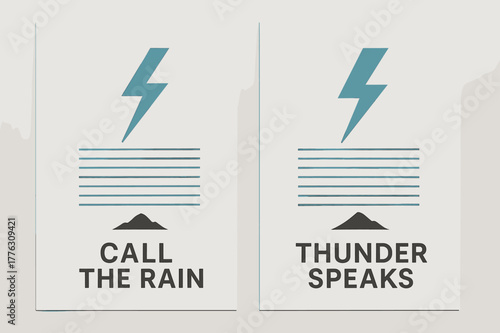 Thunder and Rain Banners. Thunder & Rain. Two vertical A6 banners with safe margins, centered composition, no elements touching edges, minimal, graphite and