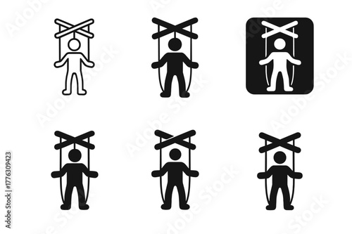 Giant Puppets Logos. giant puppets. Set Logo of giant puppets: Parade marionette with control cross. Icon set. harmonious logo variations of the same
