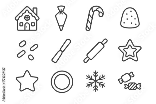 Holiday Dessert Icons. Holiday dessert decor. Line outline icon set of holiday dessert decor: gingerbread