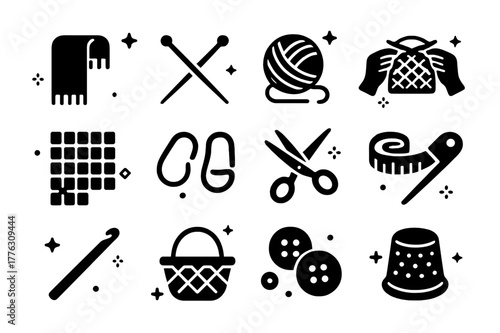 Knitting Essentials Icons. Knitting Session. Solid icons set of Knitting Session: scarf, knitting needles, yarn ball, hands, pattern chart, stitch markers,