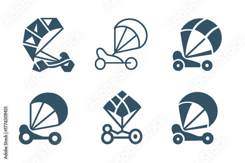 Kite Buggy Logos. Kite buggy. Set Logo of Kite buggy: traction kite towing sand buggy. harmonious logo variations of the same emblematic concept, each with